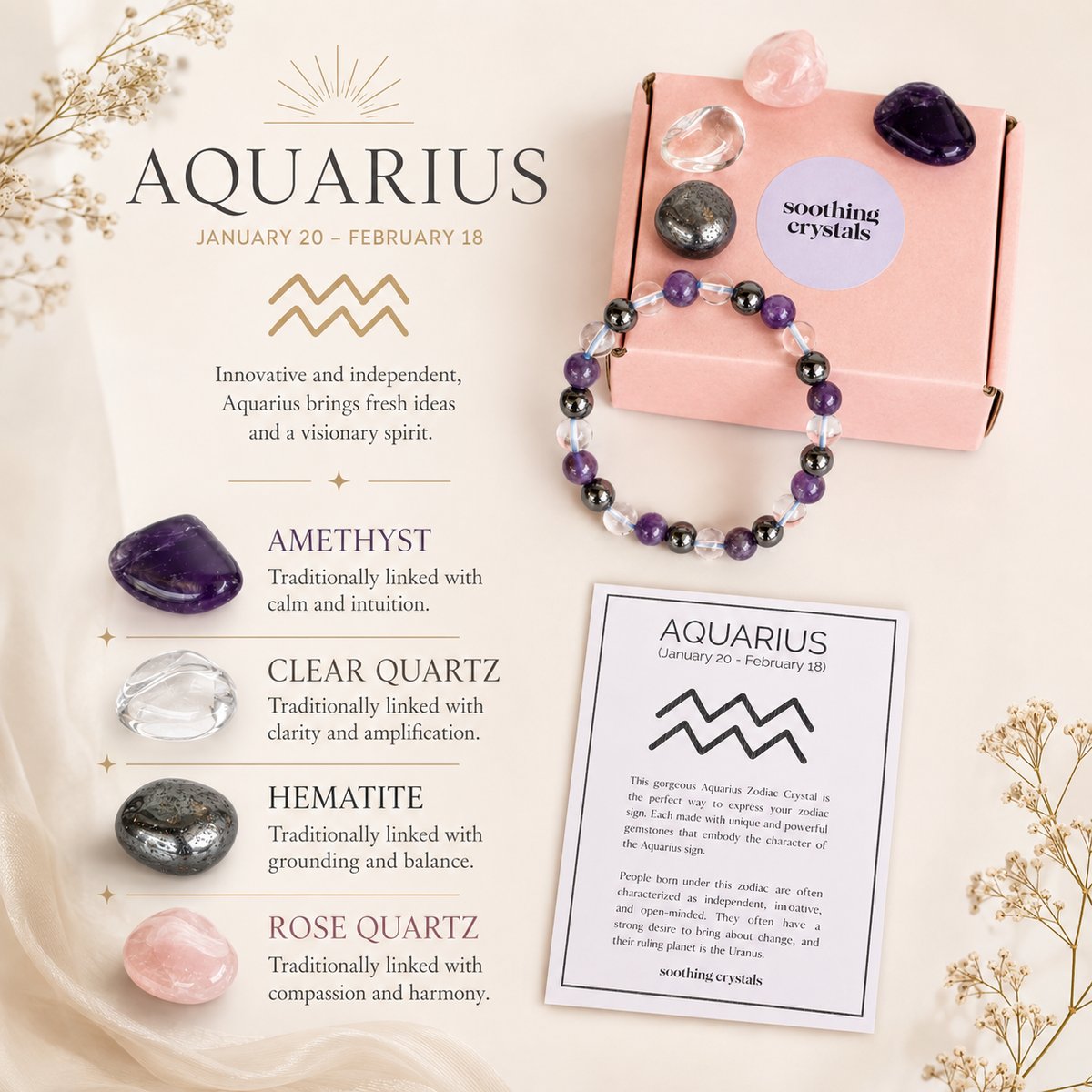 AQUARIUS Zodiac Crystal Kit, Aquarius Birthstones Tumbled Stones Set, Aquarius Gifts  DestGlow