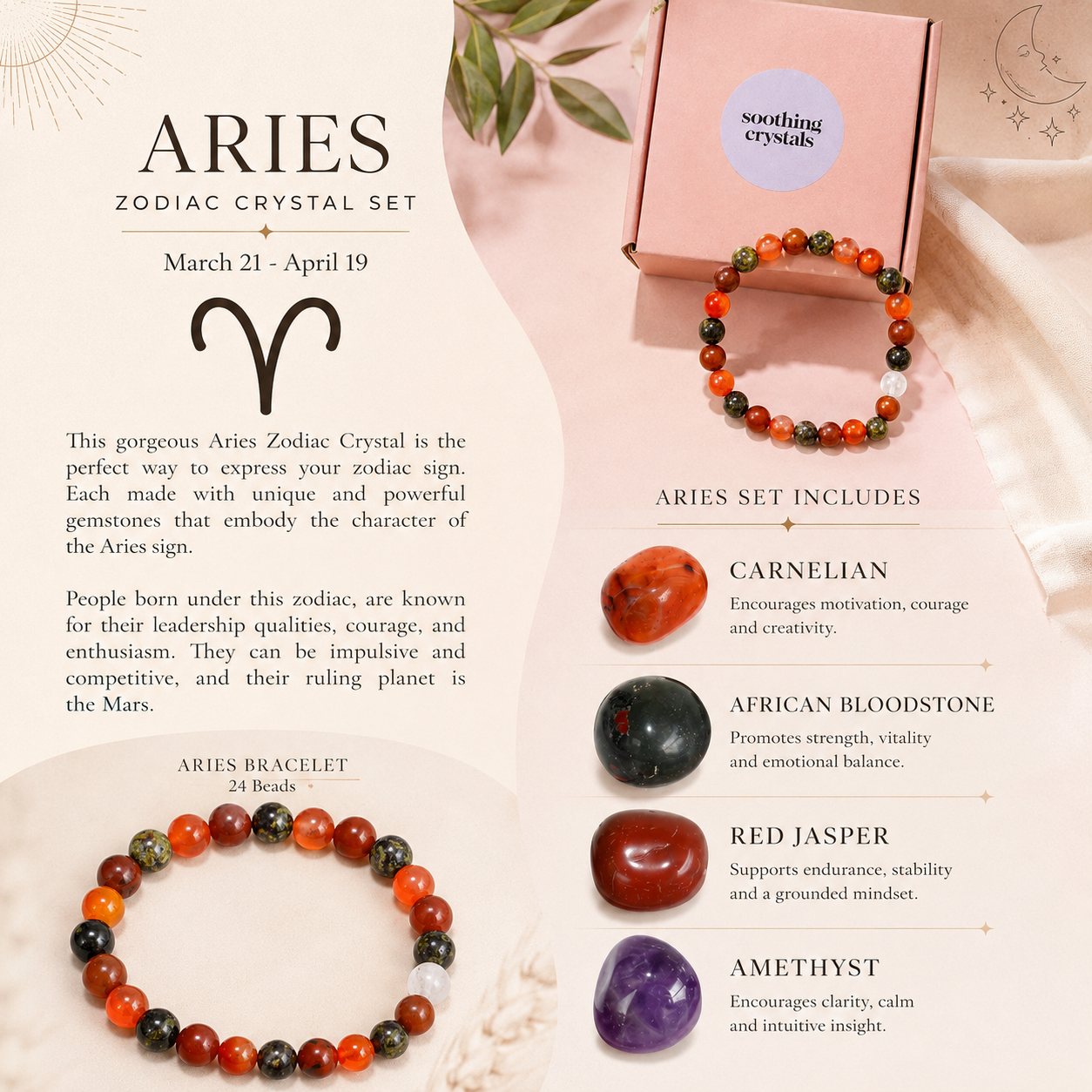 ARIES Zodiac Crystal Kit, Aries Birthstones Tumbled Stones Set, Aries Stones Gifts  DestGlow