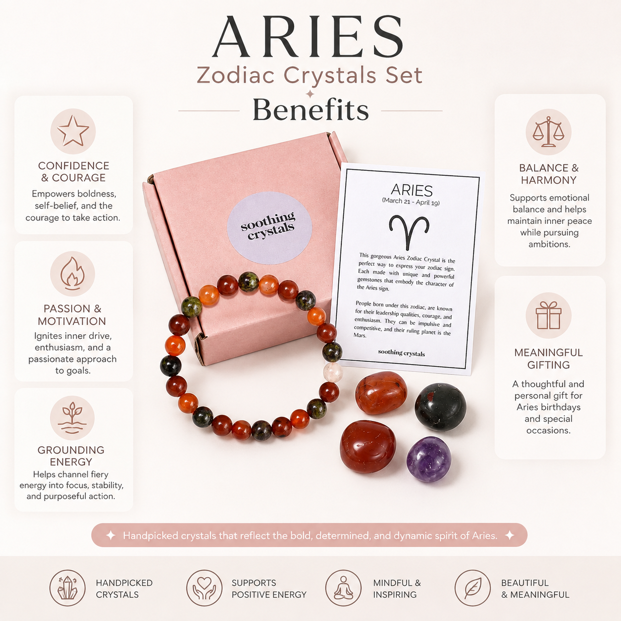 ARIES Zodiac Crystal Kit, Aries Birthstones Tumbled Stones Set, Aries Stones Gifts  DestGlow