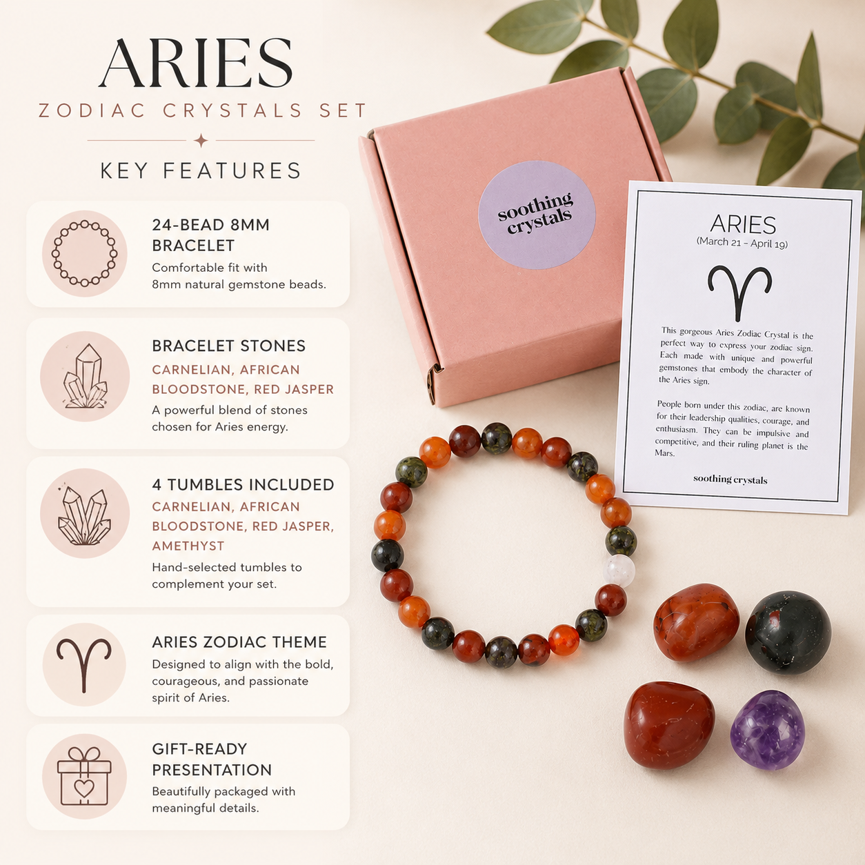 ARIES Zodiac Crystal Kit, Aries Birthstones Tumbled Stones Set, Aries Stones Gifts  DestGlow
