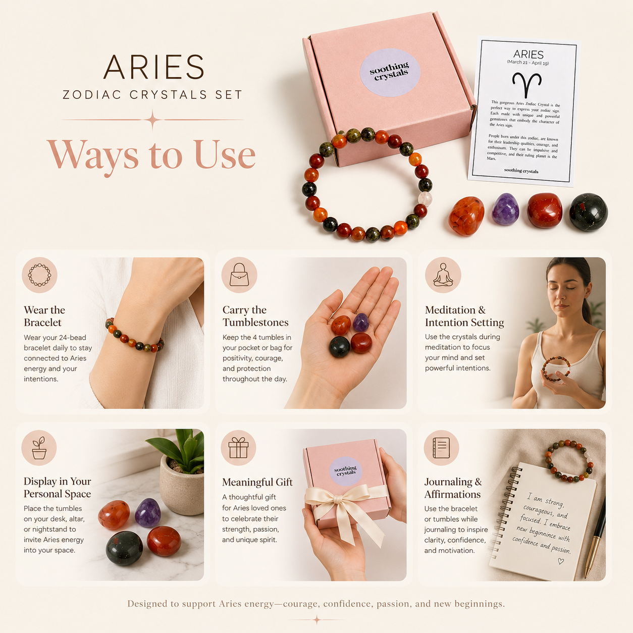 ARIES Zodiac Crystal Kit, Aries Birthstones Tumbled Stones Set, Aries Stones Gifts  DestGlow