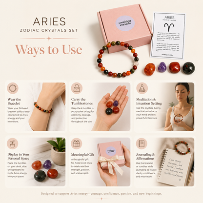 ARIES Zodiac Crystal Kit, Aries Birthstones Tumbled Stones Set, Aries Stones Gifts  DestGlow
