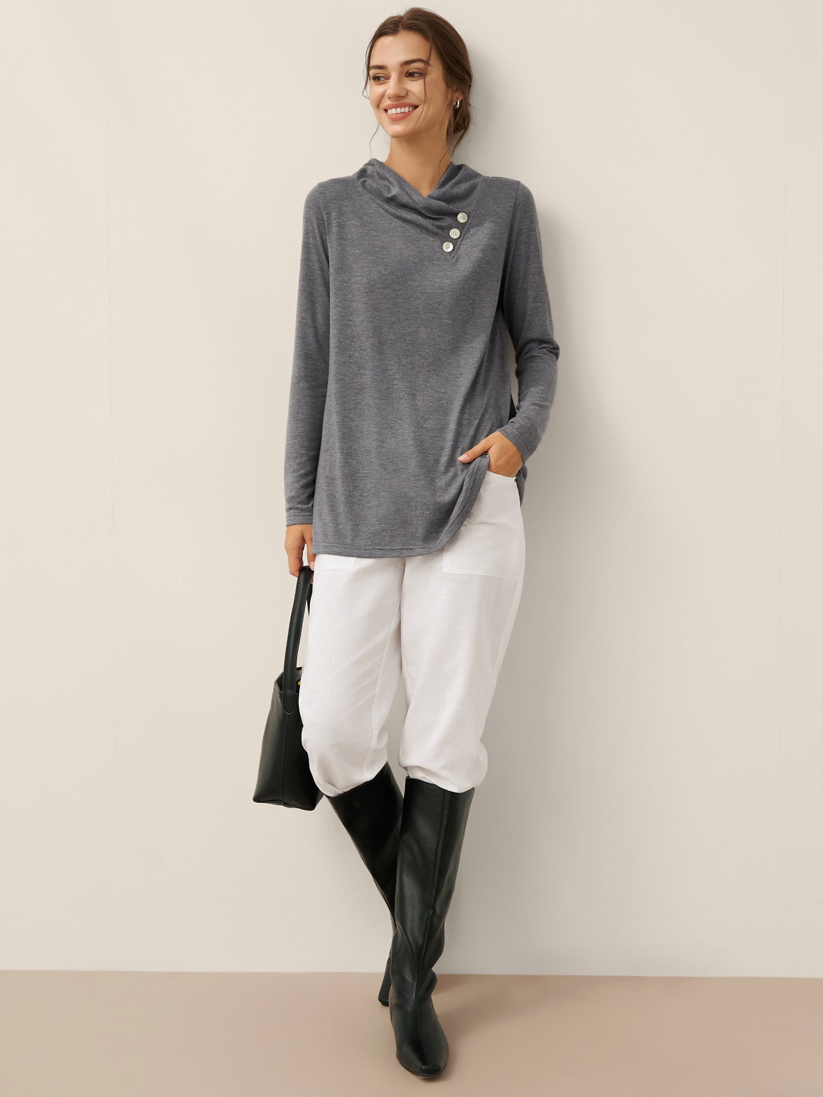 Cashmere Asymmetric Cowl Neck Stretch Top TATIANA  DestGlow