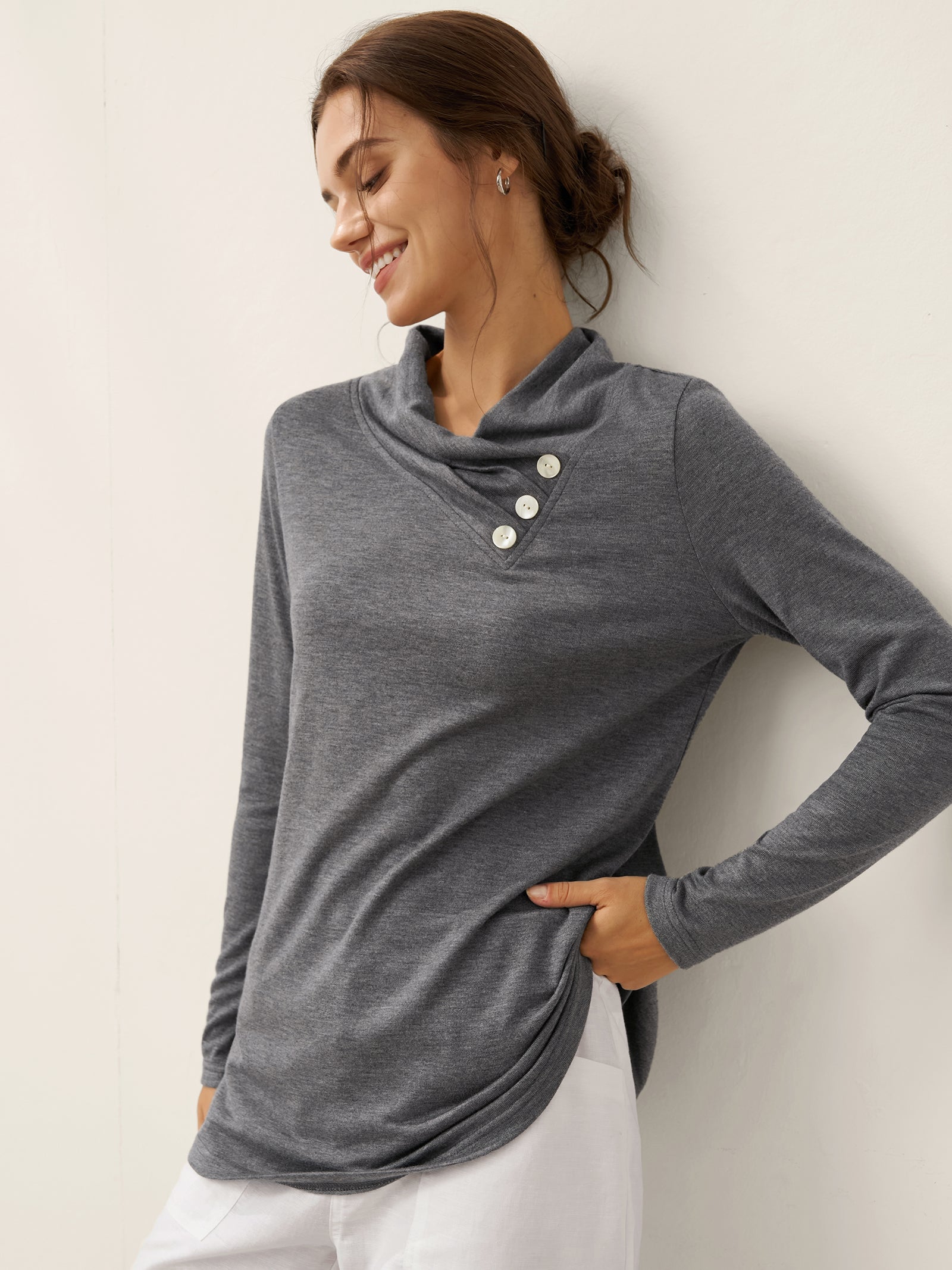Cashmere Asymmetric Cowl Neck Stretch Top TATIANA  DestGlow