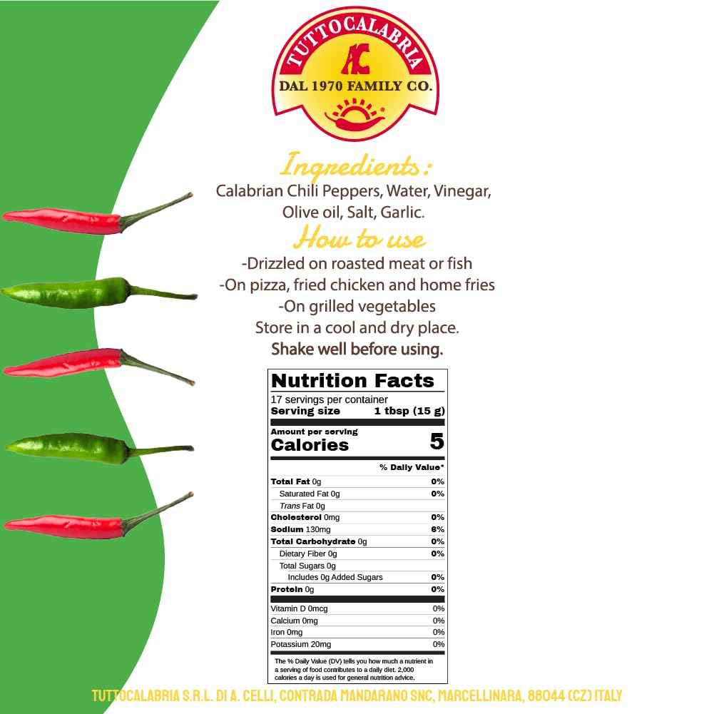 TuttoCalabria Calabrian Chili Hot Sauce “Hot &amp; Tangy” – 8.8 oz (250 ml)