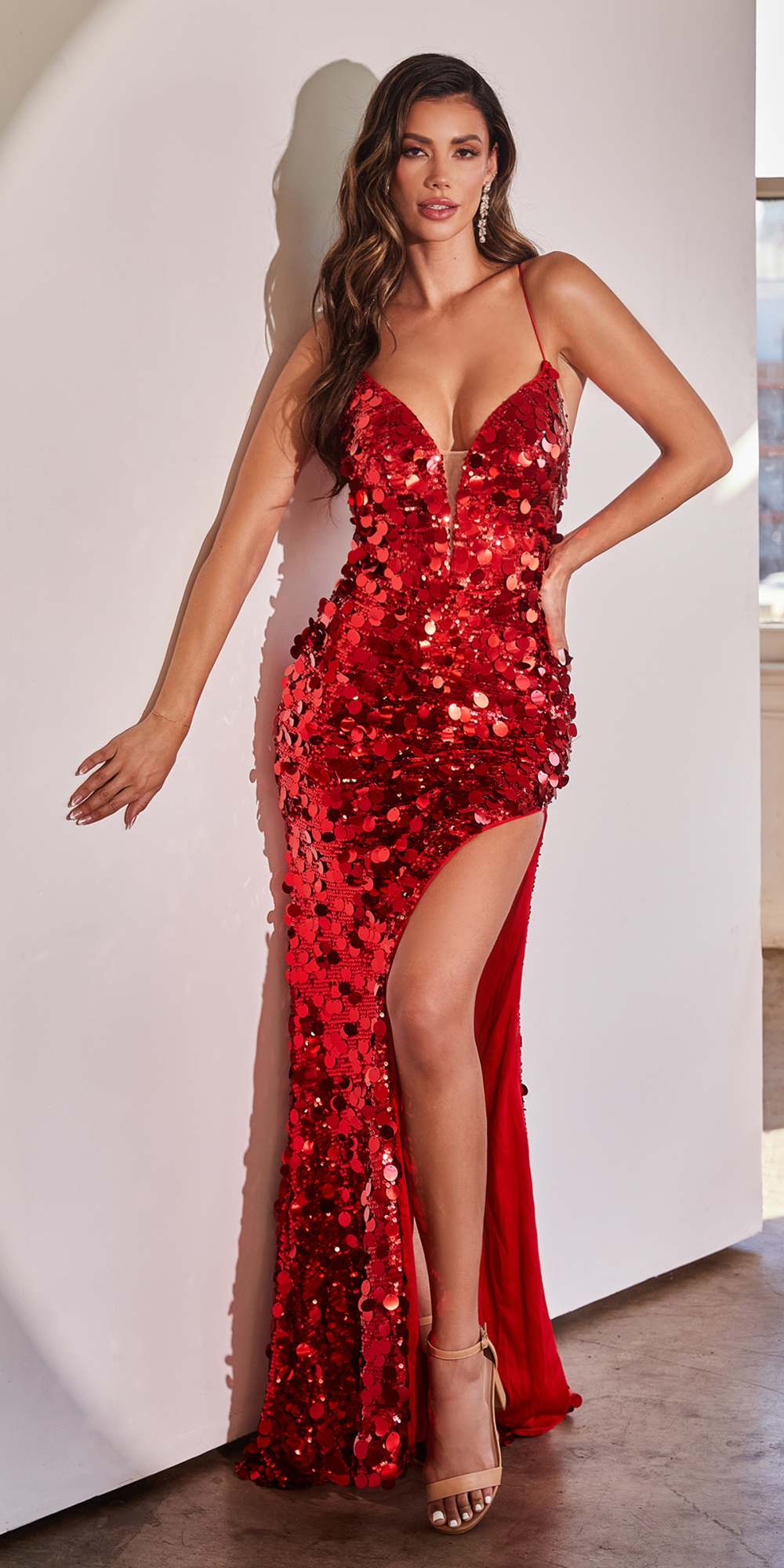 Cinderella Divine B1141 Floor Length Sexy V-Neck Paillette Fitted Gown Side Slit by DiscountDressShop