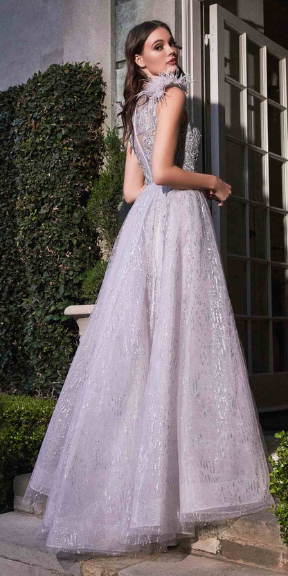Cinderella Divine B704 Feathered Shoulder Tulle A-Line Ball Gown by DiscountDressShop