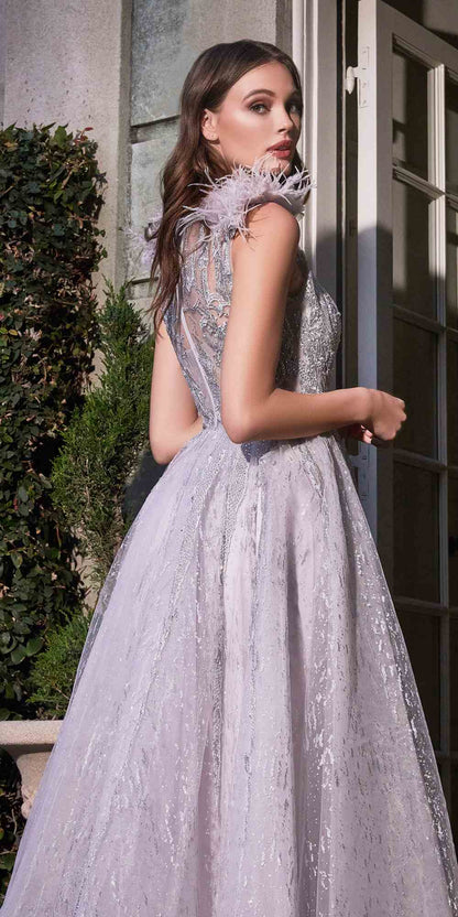 Cinderella Divine B704 Feathered Shoulder Tulle A-Line Ball Gown by DiscountDressShop