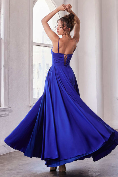 Ladivine B8402 Long Square Neck Pockets Satin A-Line Gown by DiscountDressShop