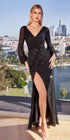 Ladivine B8422 Long Sleeve V-Neckline Leg Slit Sequin Gown by DiscountDressShop