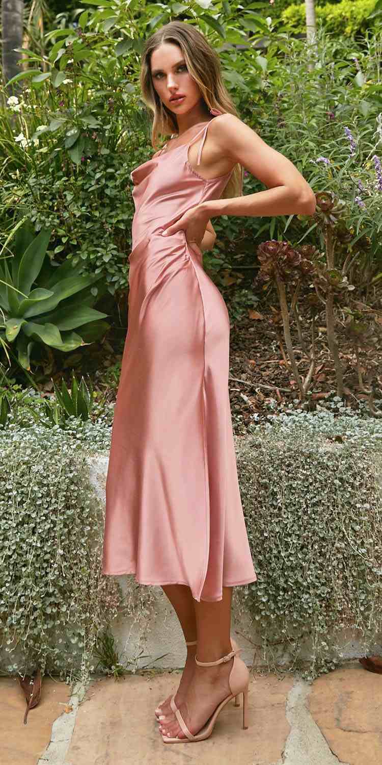 CLEARANCE - Cinderella Divine BD103 Satin Mauve Midi Length Dress Neck (Size S) by DiscountDressShop