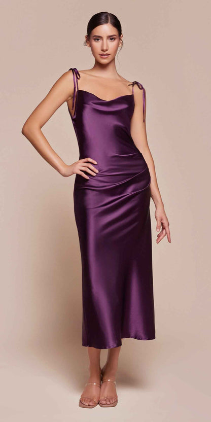 CLEARANCE - Cinderella Divine BD103 Satin Mauve Midi Length Dress Neck (Size S) by DiscountDressShop