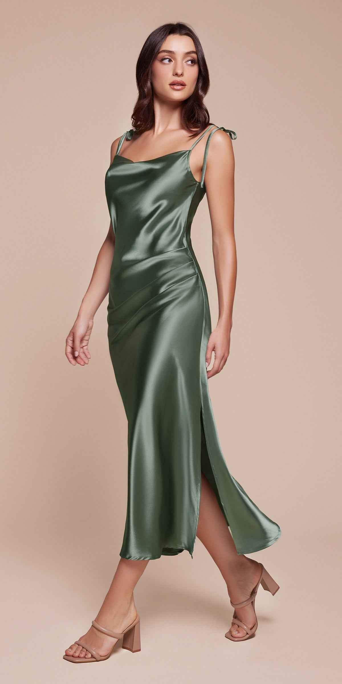 Cinderella Divine BD103 Satin Midi Length Dress High Side Split Cowl Neck by DiscountDressShop