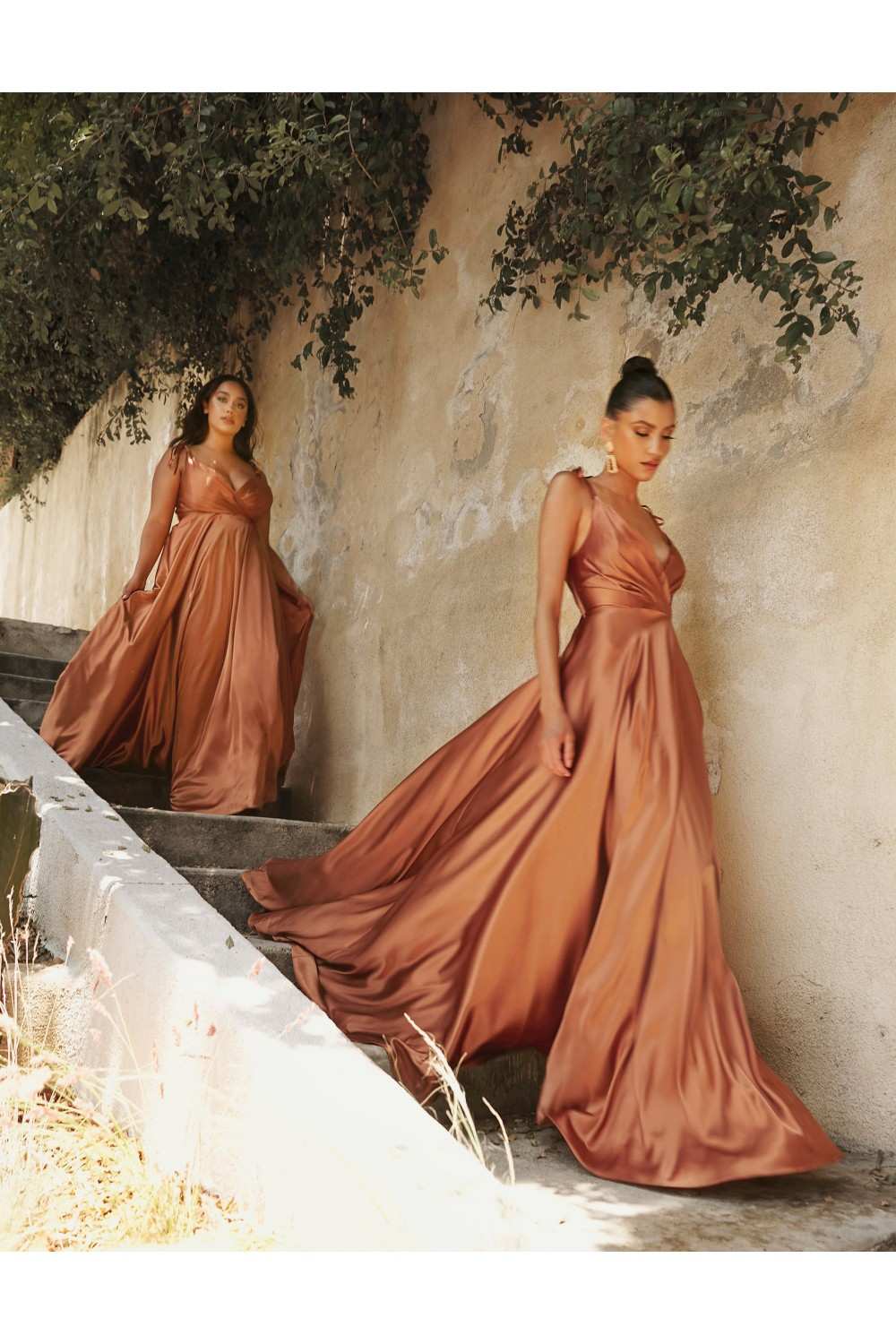 Cinderella Divine BD105 Flowy Satin A-Line Gown with Leg Slit by DiscountDressShop