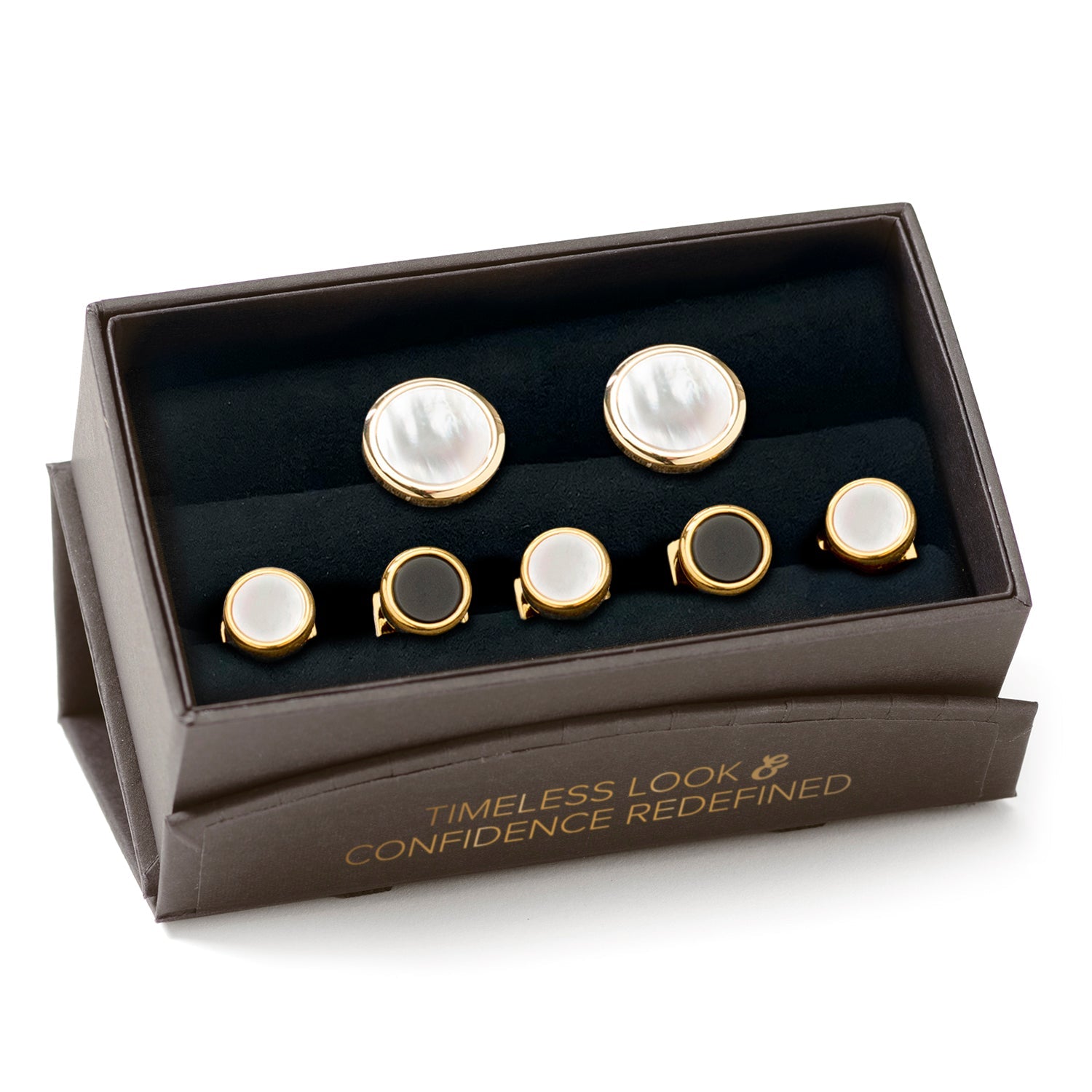 Double Sided Gold Mother of Pearl Round Beveled 5-Stud Set by Cufflinks.com