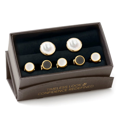 Double Sided Gold Mother of Pearl Round Beveled 5-Stud Set by Cufflinks.com