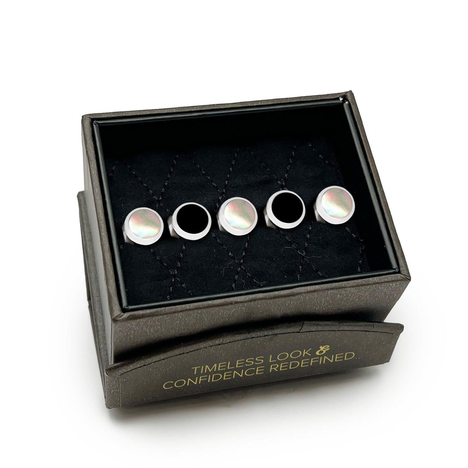 Double Sided Onyx and Mother of Pearl Round Beveled 5-Studs by Cufflinks.com