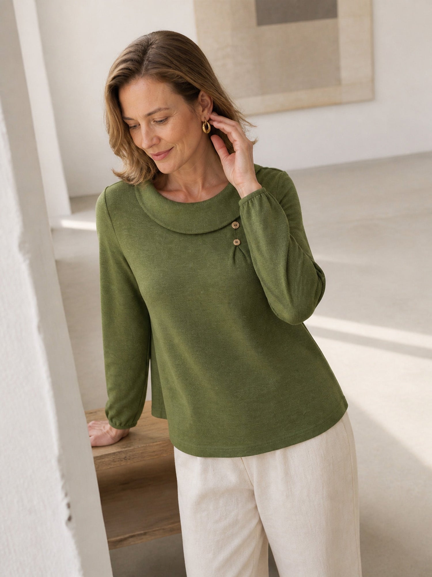Wool Asymmetric Pleated Long-Sleeve Top ARLETTE  DestGlow