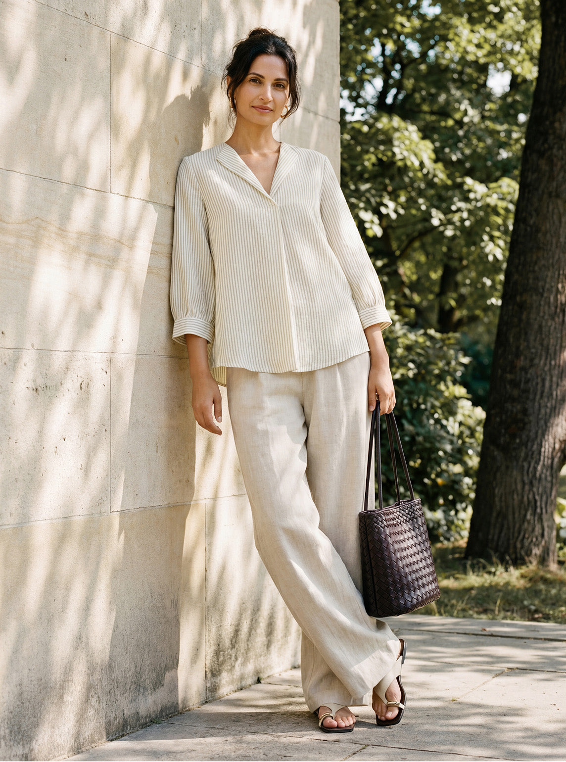 Linen-Lyocell Striped Lapel Inverted Pleat Pullover Top MARGOT by LINTICO