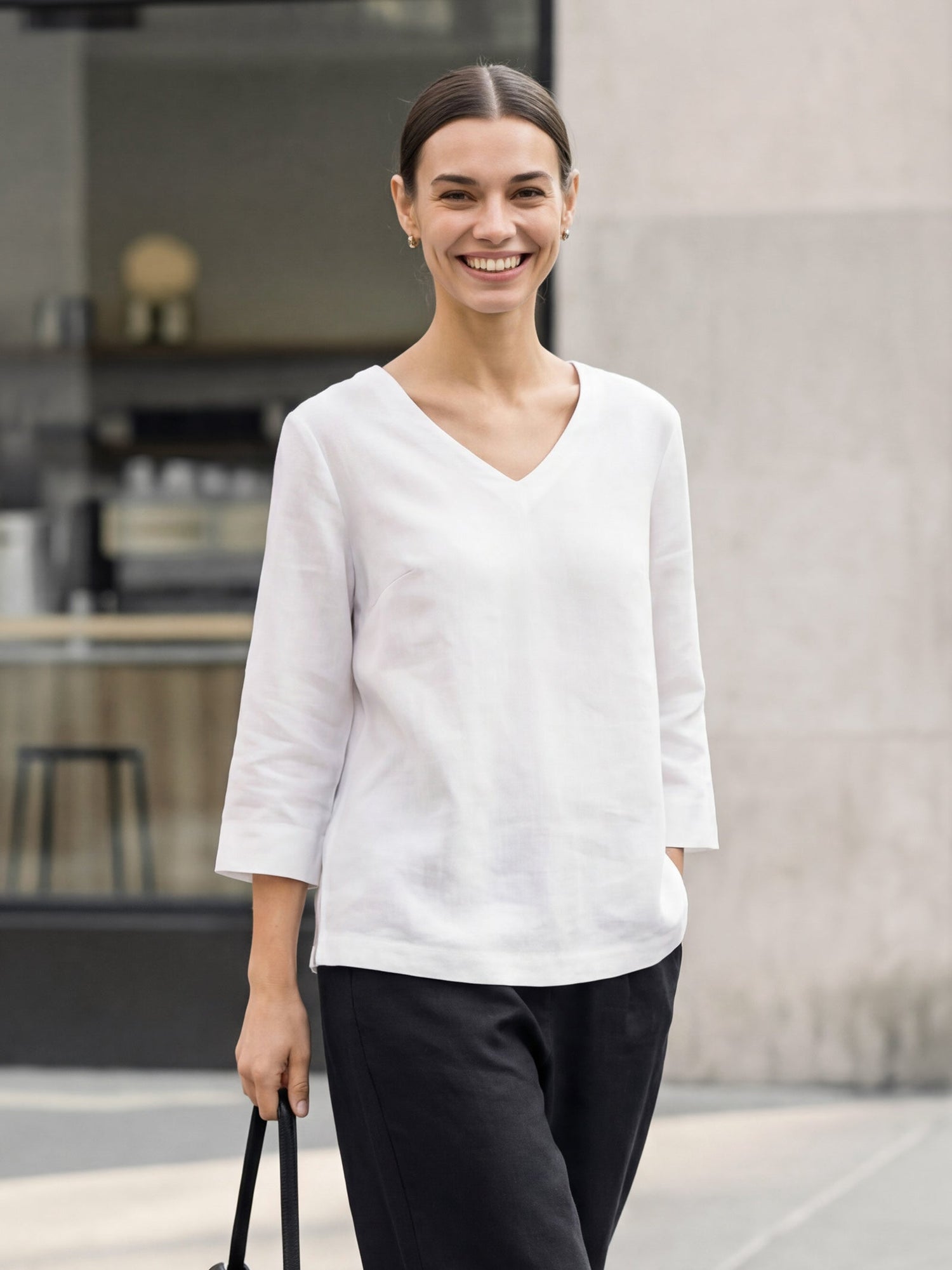 Linen-Lyocell V-Neck Button Detail Overtop ODETTE by LINTICO