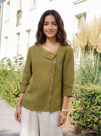 100% Linen Crescent Neck Button Detail 3/4 Sleeve Top ADALYN by LINTICO