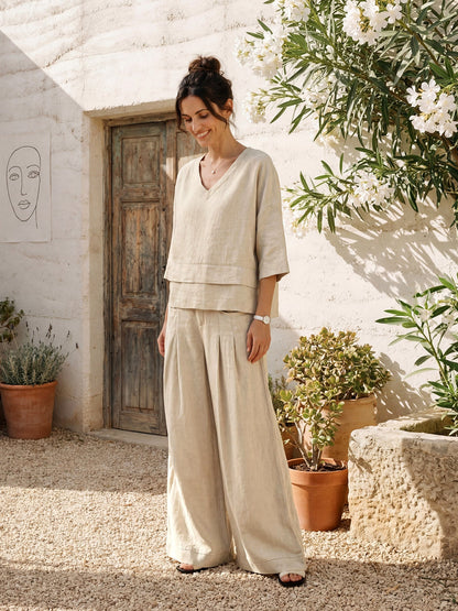 100% Linen Sculpted Pleat Elasticated Back Relaxed Pants VERIDIANA  DestGlow