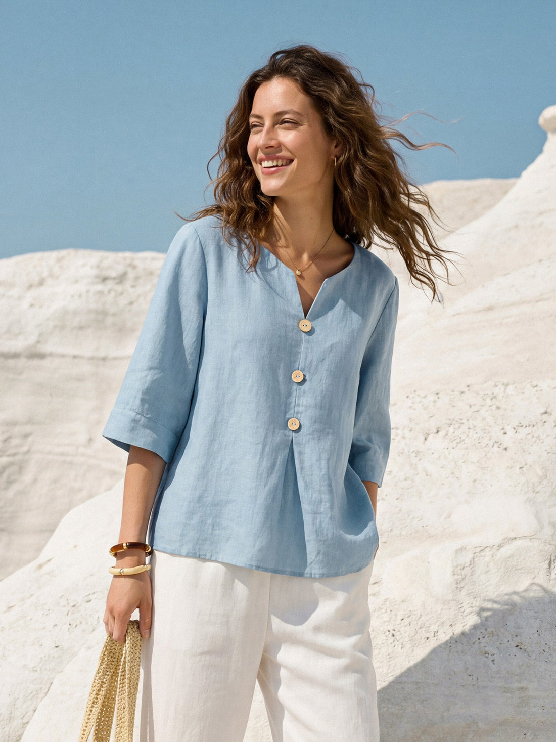100% Linen Split Neck Inverted Pleat Top TABITHA by LINTICO