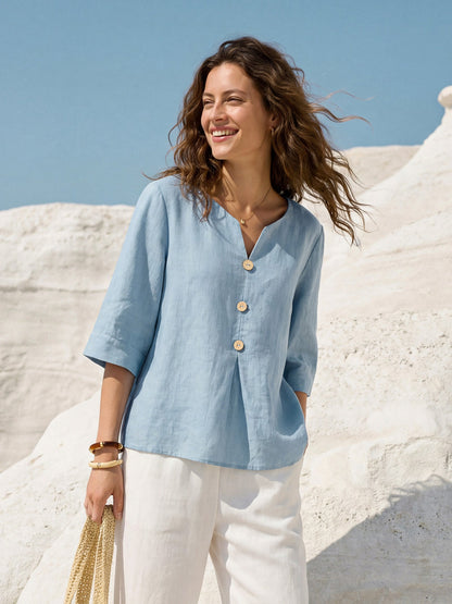 100% Linen Split Neck Inverted Pleat Top TABITHA by LINTICO