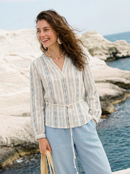Linen Tribal Stripe Split Neck Bohemian Blouse KERENZA by LINTICO