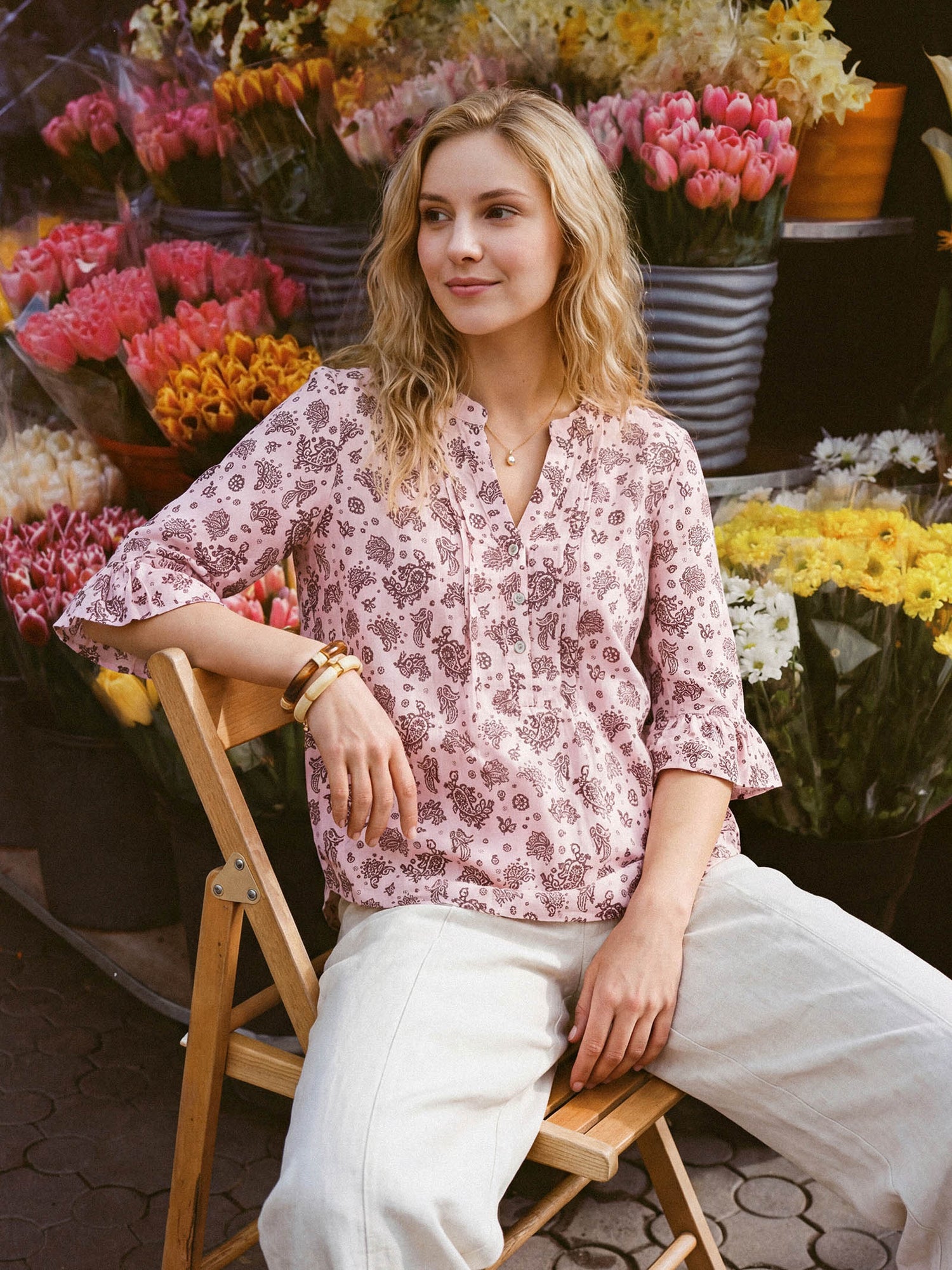 Linen Paisley Pintucked Ruffle-Cuff Curved Hem Blouse ILARIA by LINTICO