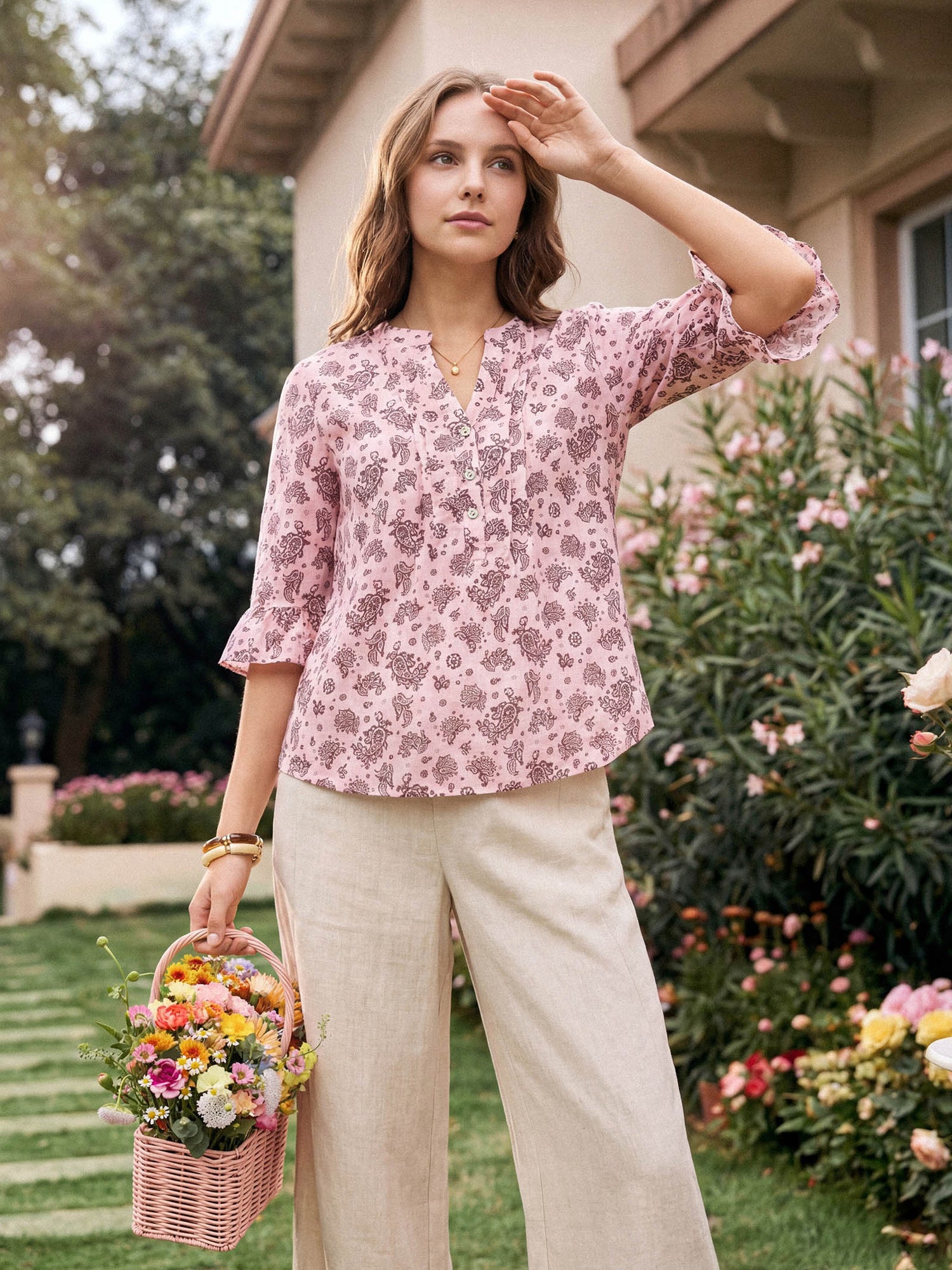 Linen Paisley Pintucked Ruffle-Cuff Curved Hem Blouse ILARIA by LINTICO