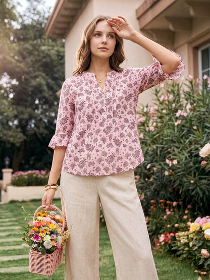 Linen Paisley Pintucked Ruffle-Cuff Curved Hem Blouse ILARIA by LINTICO
