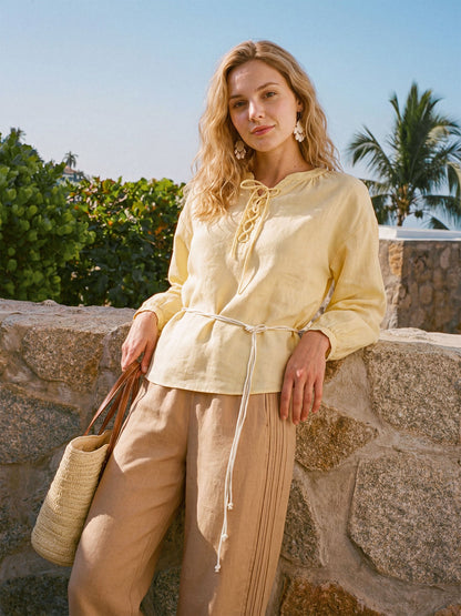 100% Linen Lace-Up Shirred Lantern Sleeve Blouse DOROTHEA by LINTICO