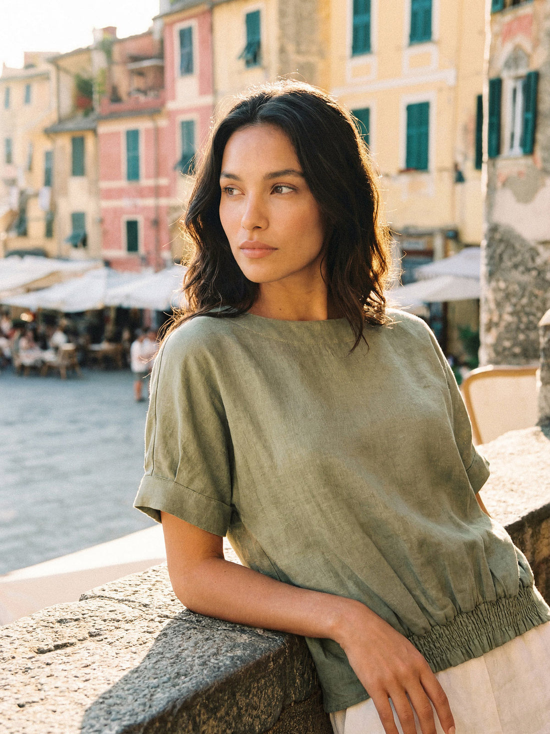 100% Linen Drop Shoulder Split-Back Double Shirred Hem Top LINDSEY by LINTICO