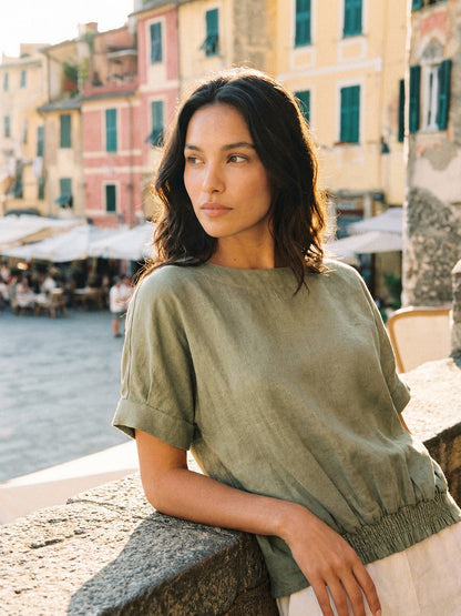 100% Linen Drop Shoulder Split-Back Double Shirred Hem Top LINDSEY by LINTICO
