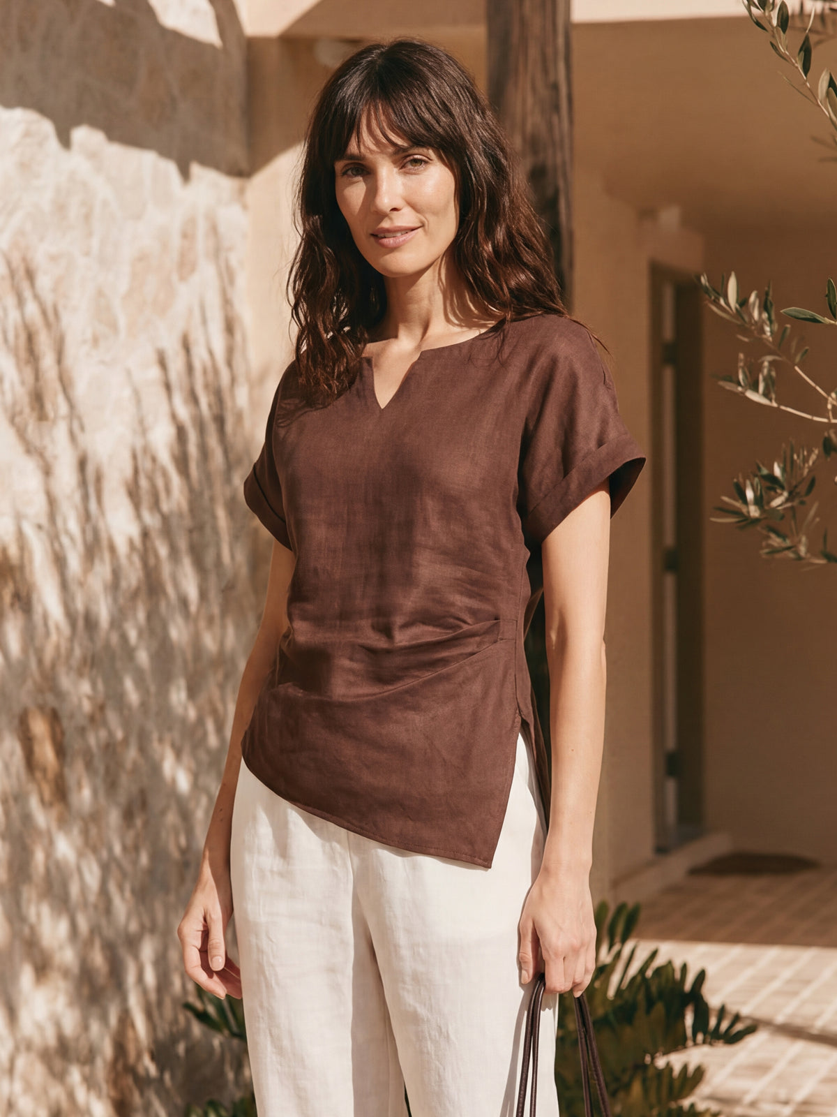 100% Linen Asymmetric Hem Side Gathered Split-Neck Top MINERVA by LINTICO