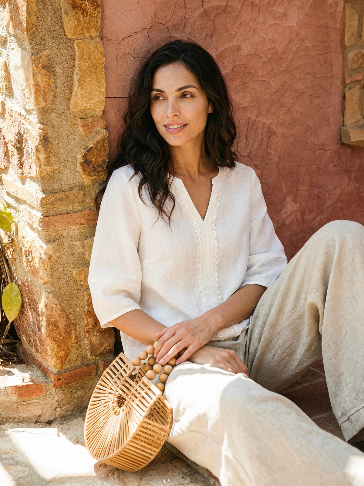 100% Linen Lace Trim Lantern Sleeve V-Neck Top LIVIAN by LINTICO