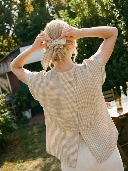 100% Linen Plaid Detachable Tie-Belt Split-Neck Top LEXIE by LINTICO