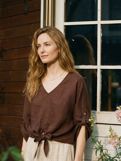 100% Linen Twist-Hem Batwing Top LAVENA by LINTICO