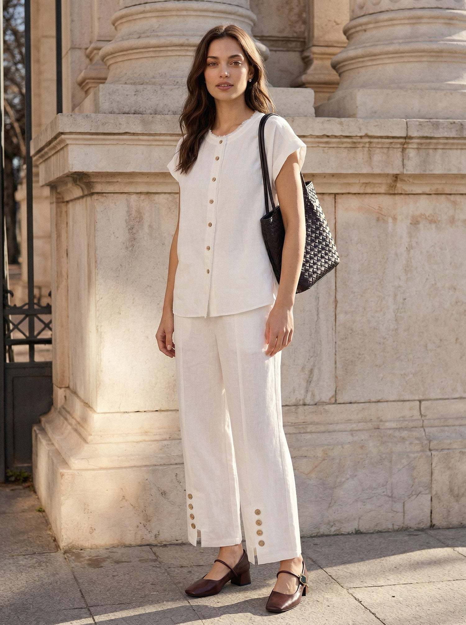 100% Linen Frayed-Trim Drop-Shoulder Top INDIRA by LINTICO