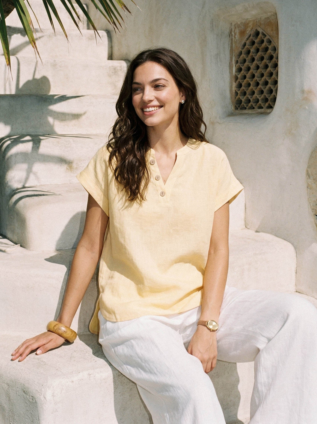 100% Linen Stand-Collar Curved-Hem Top CRESSA by LINTICO