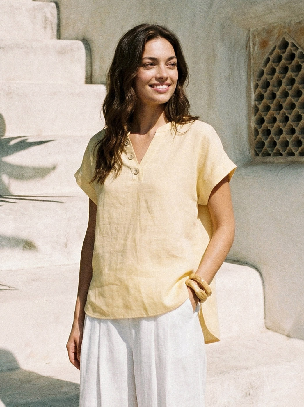 100% Linen Stand-Collar Curved-Hem Top CRESSA by LINTICO