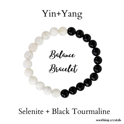 Yin Yang Balance Crystal Bracelet, Selenite, Black Tourmaline Crystal Healing Spiritual Support Balance  DestGlow