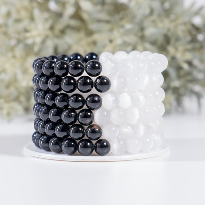 Yin Yang Balance Crystal Bracelet, Selenite, Black Tourmaline Crystal Healing Spiritual Support Balance  DestGlow