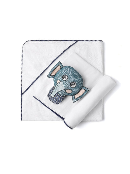 3-Piece Newborn Essential Gift Set - Hooded Towel, Swaddle & Toy Rattle