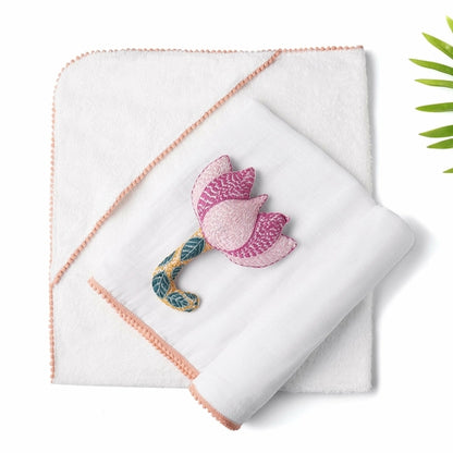 3-Piece Newborn Essential Gift Set - Hooded Towel, Swaddle & Toy Rattle
