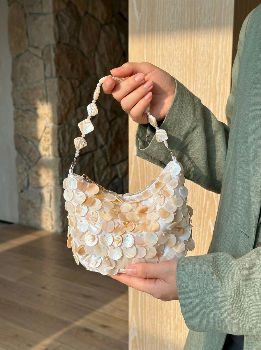 Luxe Handcrafted Mother of Pearl Disc Clutch for Special Occassion &amp; Summer Vacations by LINTICO