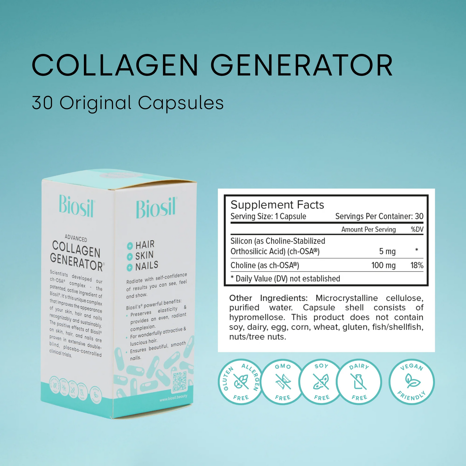 Biosil Collagen Generator - 60 Capsules - with Patented ch-OSA Complex - Generates &amp; Protects Your Own Collagen - GMO Free - 60-Day Supply