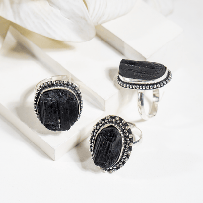 Black tourmaline rings – Gemstone rings Natural Crystal Healing Jewelry Collection  DestGlow
