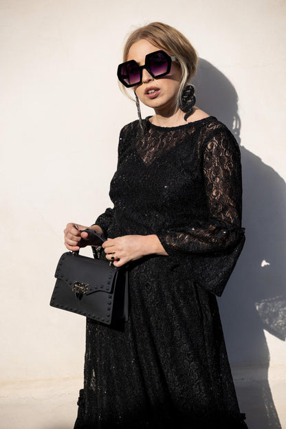 Black Sequin Lace Ruffle Dress by Jennafer Grace